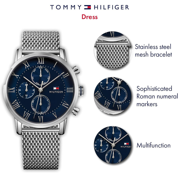 Чоловічий кварцовий годинник Tommy Hilfiger з багатофункціональним циферблатом, сталевий браслет, сріблястий