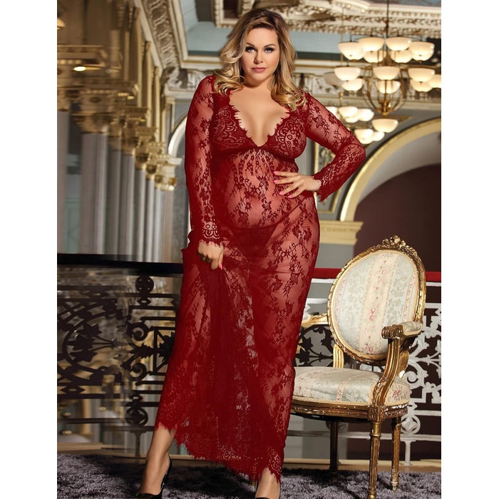 Сукня жіноча сексуальна мереживна з довгим рукавом V-подібний виріз, прозора, для вагітних, піжама, спідня білизна з G-стрінгом (XL-XXL, Червоний)