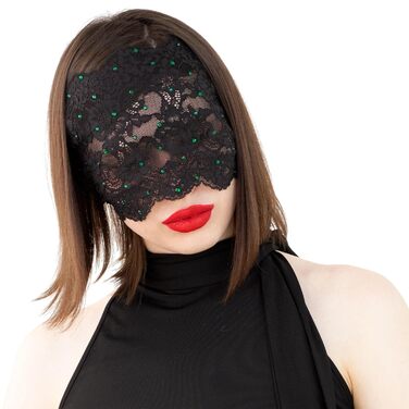 Маска для обличчя з мережива з чорного кольору з зеленими стразами, еластична мережива, атласна стрічка, маскарадний костюм чорного кольору (зелені стрази)
