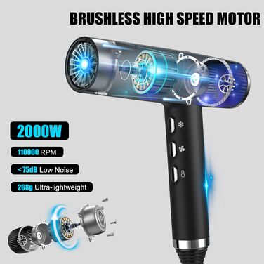 Професійний фен для волосся slopehill 2000W, 110000 RPM, іонізація, LED-дисплей, легкий та тихого роботи (Чорний)