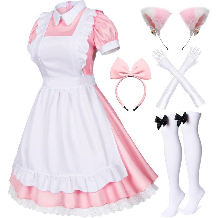 Костюм для косплею в стилі Аніме Лоліта, Французька служниця, Комплект з 6 предметів (Спідниця, рукавички, головний убір, шкарпетки), Синій (S, Рожево-червоний)