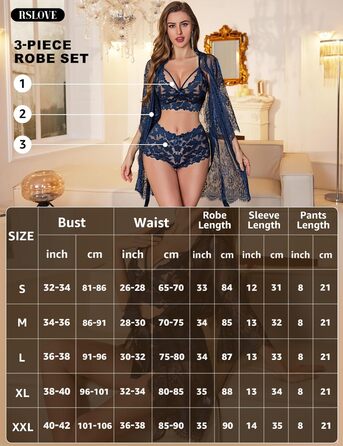 RSLOVE Комплект жіночої ніжної піжами: бюстгальтер, трусики та халат з мереживом, колір морської хвилі