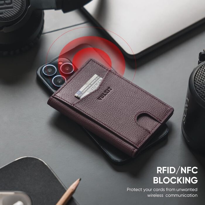 Чоловічий шкіряний картхолдер VULKIT з RFID/NFC захистом, тонка гаманець-портмоне на 10 карток (колір: Litchi-espresso)