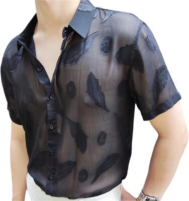 Чоловіча прозора сорочка Yeuyyben, чорна, літня, з коротким рукавом, для клубів та вечірок, розмір EU S (50-65 кг)