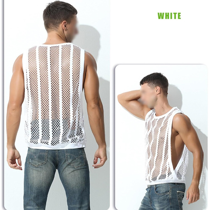 Чоловіча майка з сіткою та смугами, прозора, без рукавів, з вирізами, сітка, зелена (L, білий)