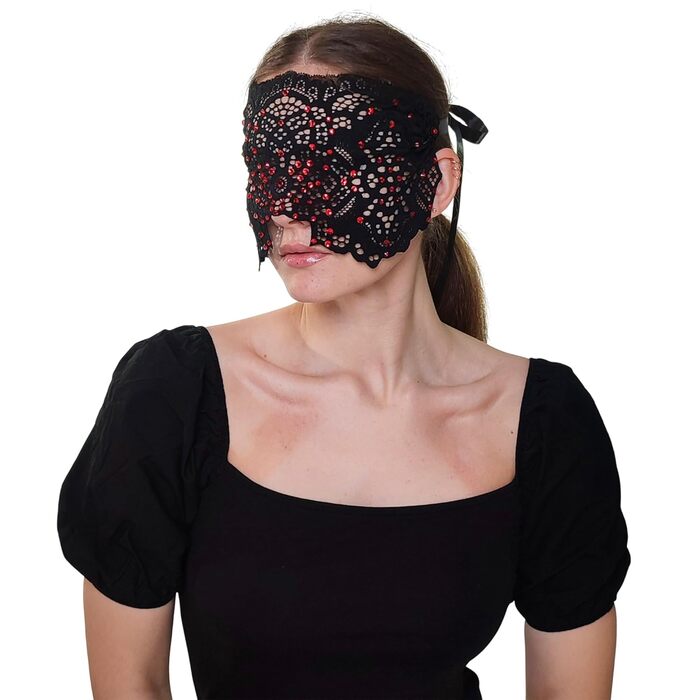 Ручна вишита мереживна маска на обличчя з камінням для жінок, чорна маска для маскараду, балу, карнавалу, весілля, бурлеску, косплею, Марді Гра (чорний колір з червоними каміннями)