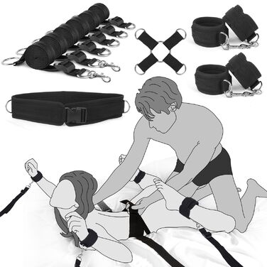 Набір для БДСМ-зонування: 12 предметів для пар. Еротичні іграшки для дорослих з наручниками, фіксаторами для ніг, обручем, засліпкою та ін. Чорний колір.