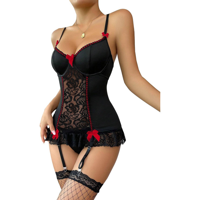 Сексуальний жіночий комплект спідньої білизни: боді з мереживом, стринги та мереживний пояс - чорно-червоний, розмір S