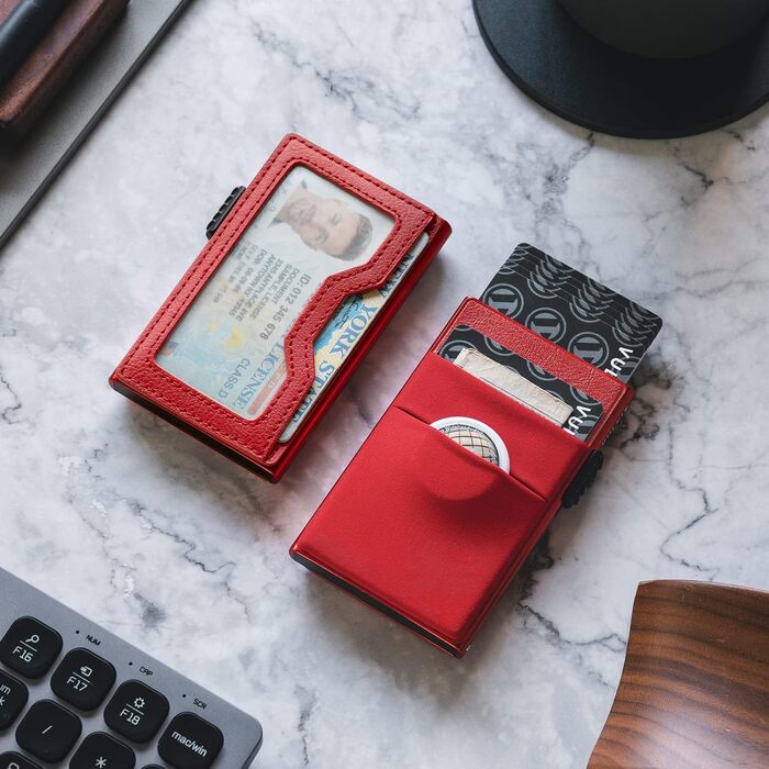Стильний металевий гаманець для карток VULKIT з RFID-захистом, Pop-Up механізмом, EDC-відсіками та вікном для ID-картки, червоний