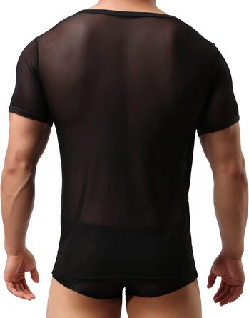 Чоловіча прозора футболка, мереживна сорочка, облягаючий крій, сексуальна білизна, чорний колір, розміри S, M, L, XL