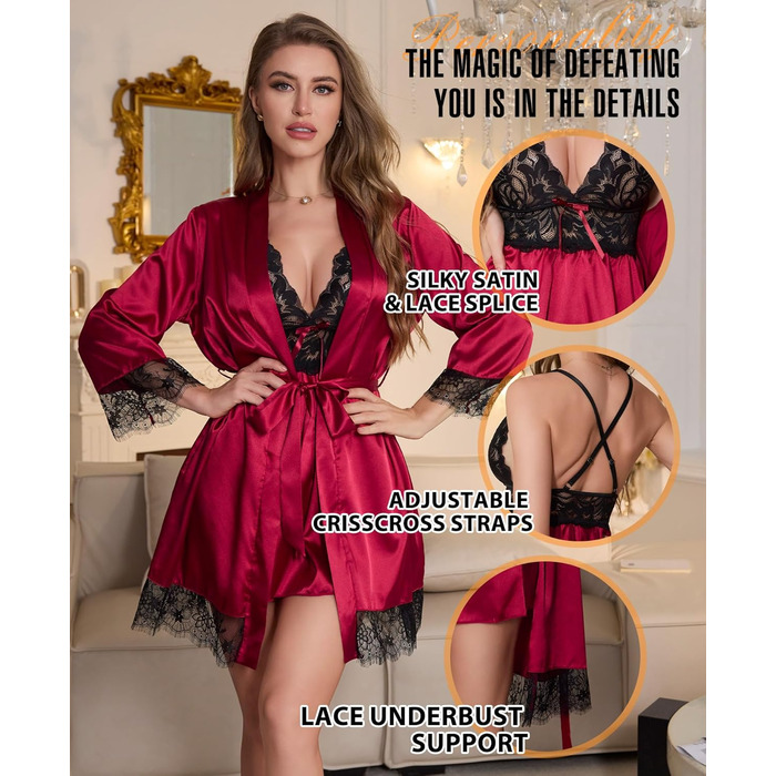Сексуальна нічна сорочка Babydoll RSLOVE з мереживом та атласу, бордовий, розмір XXL