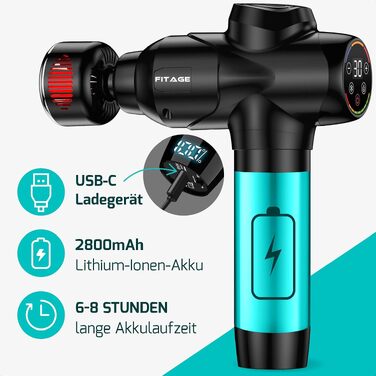 Перкусійний масажер FITAGE Massage Gun: безшумний електромасажер для тіла з 30 рівнями швидкості та 8 насадками для глибокого масажу м'язів, спини та плечей, чорний