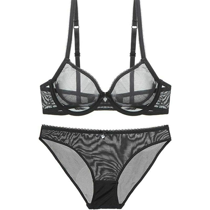 Комплект бюстгальтера та трусиків мереживний прозорий без підкладки для жінок великих розмірів, чорний, 95D