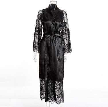 Кимоно жіноче YUHOOE, шовковий халат з мереживними рукавами, довгий халат з поясом, сатинова білизна, нічна сорочка для вечірки або свята, чорний, розмір M