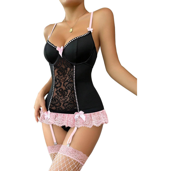 Сексуальний жіночий комплект спідньої білизни: мереживний боді з поясом для панчіх, V-подібний виріз, бантик спереду, підтримуючий каркас, з панчіхами (чорний/рожевий, 3XL)