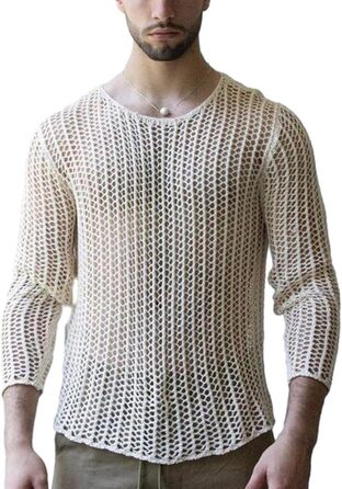 Чоловіча футболка Evankin з мереживом, довгі рукави, прозора сорочка, в'язаний пуловер, вільний крій (L, білий/Розкішний сад)