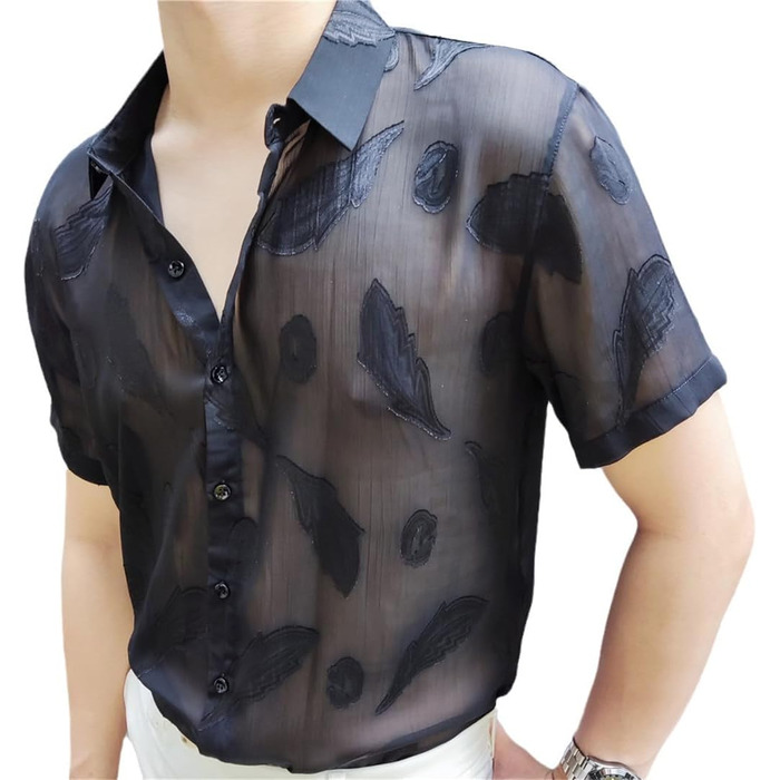 Чоловіча прозора сорочка Yeuyyben, чорна, літня, з коротким рукавом, для клубів та вечірок, розмір EU S (50-65 кг)