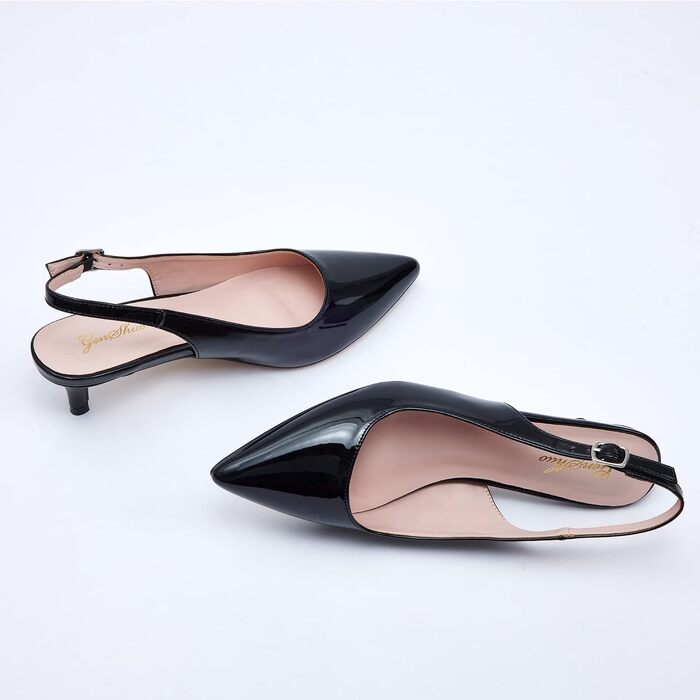 Жіночі елегантні туфлі-човники GENSHUO на низьких підборах (kitten heels) з відкритою п'ятою, чорний лак, розмір 42 EU