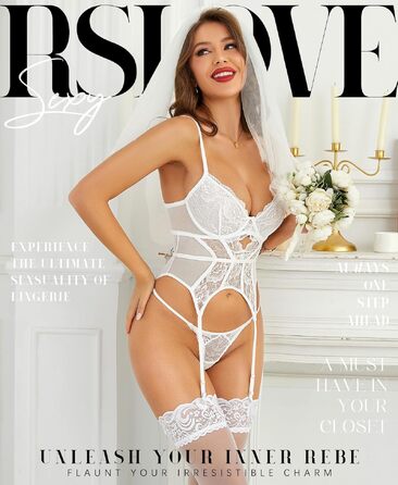 Сексуальний комплект білизни RSLOVE для жінок: мереживний боді-корсет з кісточками, підв'язками та трусиками, білий, розмір XXL