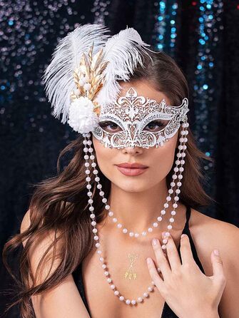 Маска для жінок IYOU, біла, з пір'ям та перловим намистом, для карнавалу, вечірки, балу