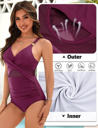 Спортивний купальник для жінок з ефектом талії, великі розміри, Push Up, висока талія, з чашками, Bademode (Lila Rot, S)