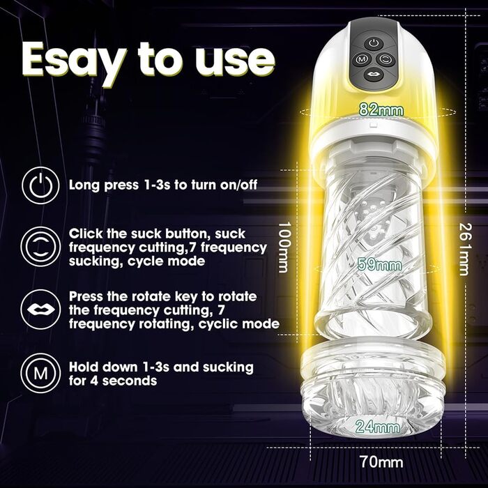 Автоматичний електричний мастурбатор-чаша для чоловіків: 7 режимів всмоктування + 7 режимів обертання, 3-в-1, вібратор для пеніса, секс-іграшка