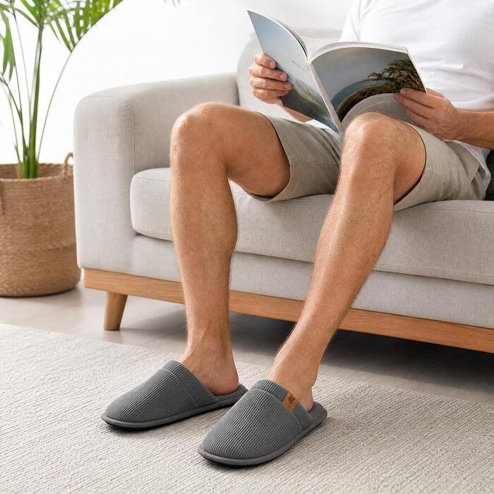 Чоловічі домашні капці VeraCosy з вельвету та ефектом пам'яті Memory Foam, дихаючі та м'які тапочки (розмір 44/45 EU, сталево-сірі)
