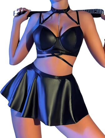 Костюм Adigau Dessous з екошкіри: бюстгальтер, трусики, мініспідниця. Чорний набір для клубів та вечірок з ланцюжком