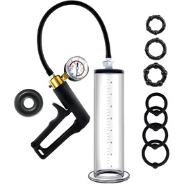 Вакуумний насос для збільшення пеніса з манометром та 7 кільцями. Мануальна помпа для чоловіків, 5.7 см