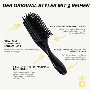 Щітка для волосся Denman D4M для розчісування та вирівнювання довгого волосся, антистатична, 9 рядів щетини, чорна