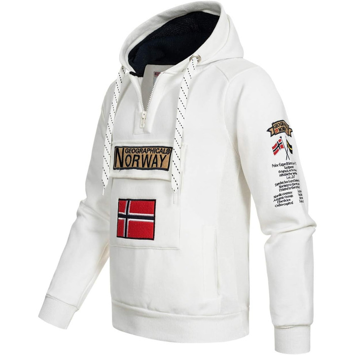 Чоловіча толстовка на блискавці з капюшоном Geographical Norway Gymclass, біла (розмір M) — теплий світшот-худі для чоловіків та підлітків, всесезонний