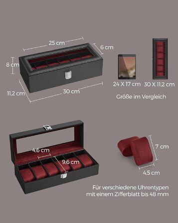 Бокс для годинників SONGMICS на 6 відділень зі скляною кришкою, шкіряний футляр з вийманими подушками, чорний/винно-червоний JWB06BK