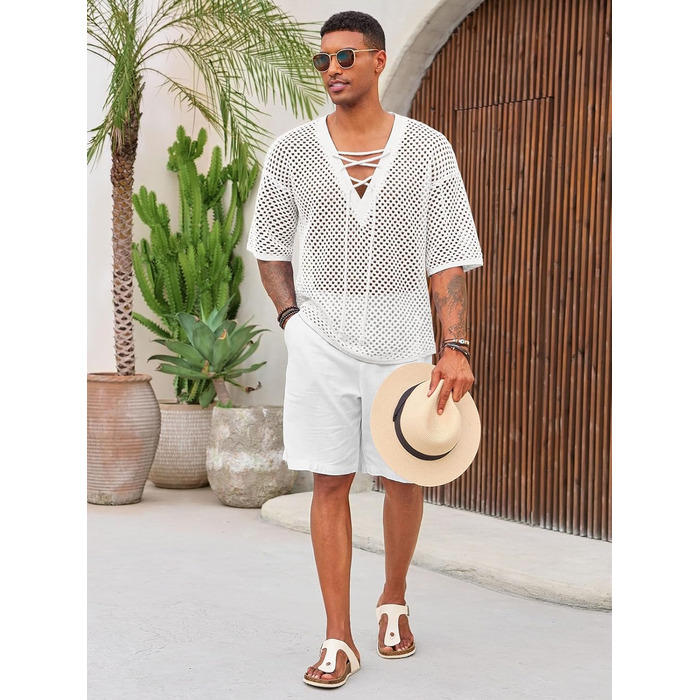 Чоловіча пляжна сорочка Runcati з шнурівкою, V-подібний виріз, в'язана, мереживна, прозора, літня сорочка (Білий/Розкішний сад, M)