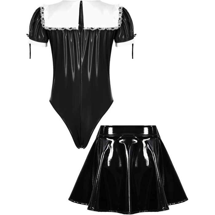 Костюм покоївки CHICTRY для чоловіків: чорний латексний боді з міні-спідницею та стоячим коміром, костюм для косплею