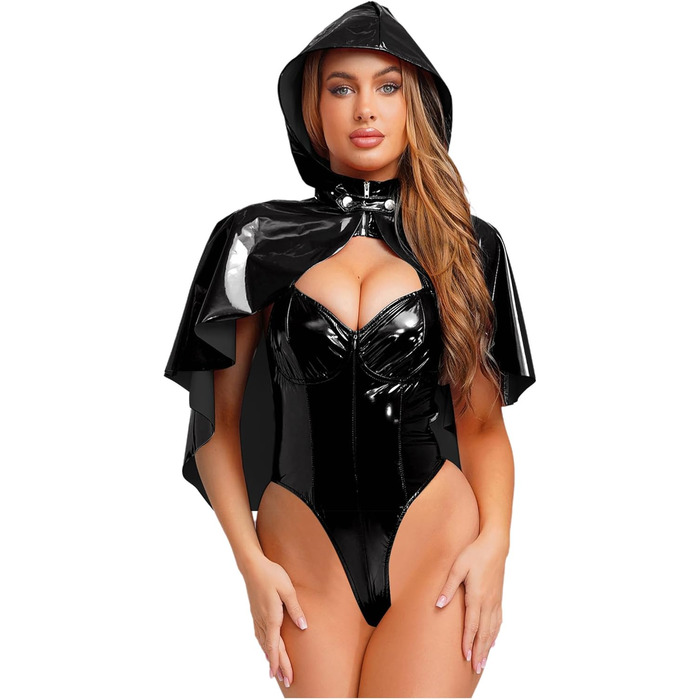 Латексний боді з капюшоном та лакованим шкіряним покриттям для жінок, готичний костюм, чорний, XL