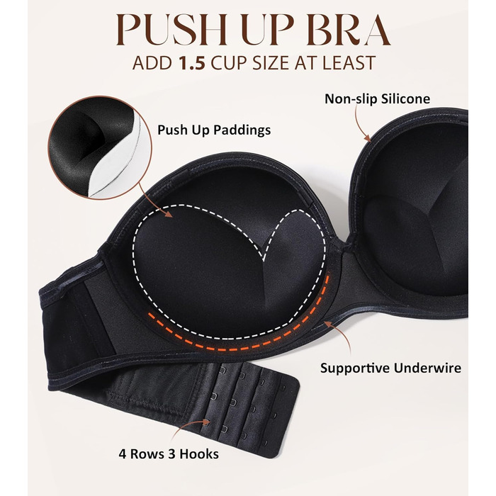 Леморосі: Безшовний бюстгальтер пуш-ап великих розмірів з підтримкою, з кісточками, мультивей, знімні бретелі (75B, чорний)