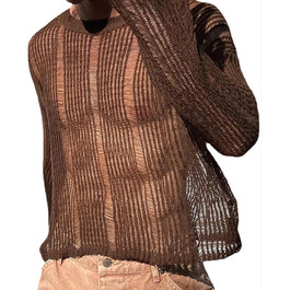 Чоловіча прозора сорочка AIEOE: мереживна сорочка з довгим рукавом для клубу, колір: коричневий