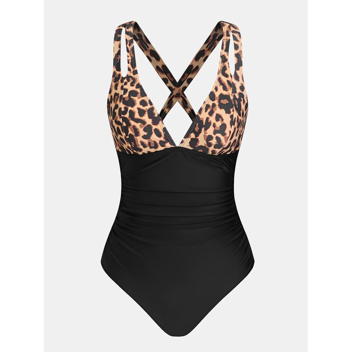 Купальник CUPSHE з V-подібним вирізом, прихованням живота, глибоким вирізом на спині, цілісний, Оливковий/Тропічний (XL, Чорний леопард)