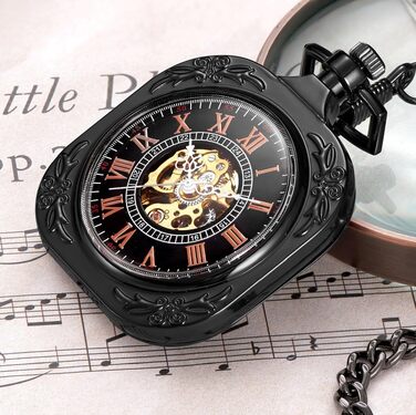 Механічний кишеньковий годинник ShoppeWatch з ланцюжком для чоловіків, ручний завод, прозорий циферблат у стилі стімпанк, чорний