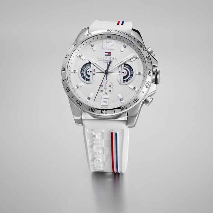 Чоловічий багатофункціональний кварцовий годинник Tommy Hilfiger білого кольору з силіконовим ремінцем, водонепроникність 5ATM
