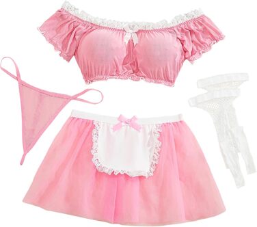 Сексуальна білизна Aranmei для жінок, мереживна, прозора, комплект для косплею, 4-х частинний (з панчохами), рожевий, XL