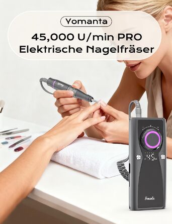 Професійний електричний апарат для манікюру та педикюру yomanta, 45000 об/хв, портативний фрезер для нарощених нігтів з LCD-дисплеєм та акумулятором (10 год роботи), чорний
