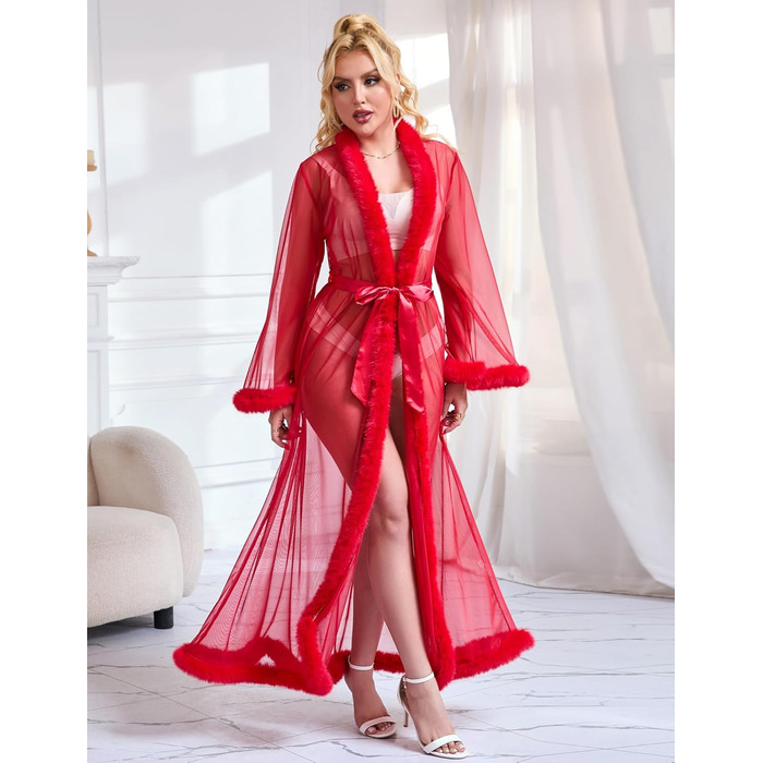 Халат Ohyeahlady з пір'я: сексуальний кімоно для жінок, довгий, прозорий, з мереживом, червоний (XL-XXL)