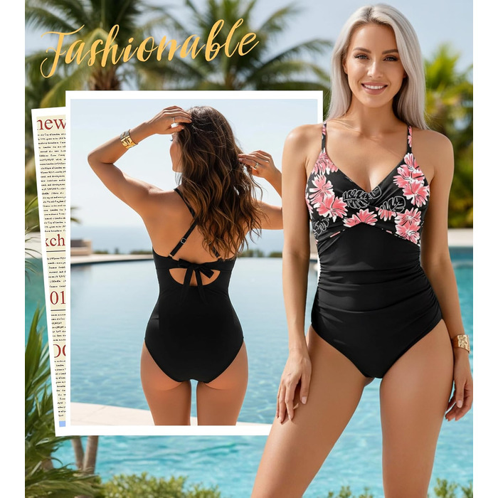 Купальник жіночий з ефектом корекції фігури Monokini V-подібний виріз Push-Up (Рожеві квіти, XL)