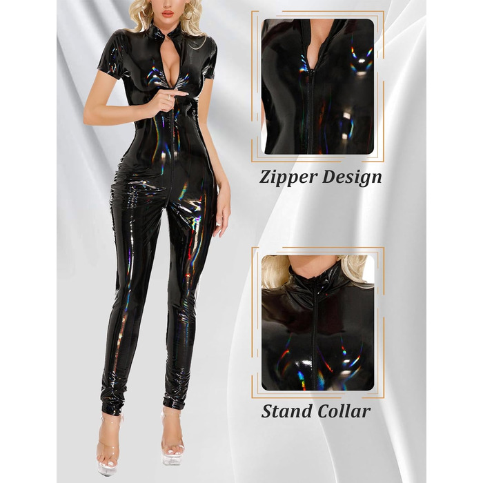 Комбінезон латекс чорний, жіночий, облягаючий, з короткими рукавами, для клубу, XS-XL