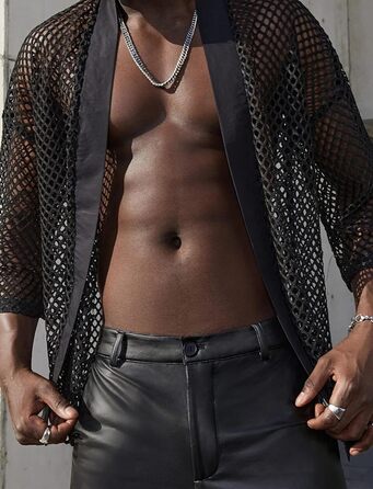 Чоловіча прозора блуза з довгим рукавом Panegy, мереживна сорочка, сітчаста, облягаюча, чорна, розмір L