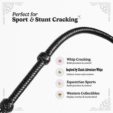 Бич у стилі Індіани Джонса, справжня шкіра, чорний, 0,9 м, 1,2 м, 1,8 м та 2,4 м – для кінного спорту