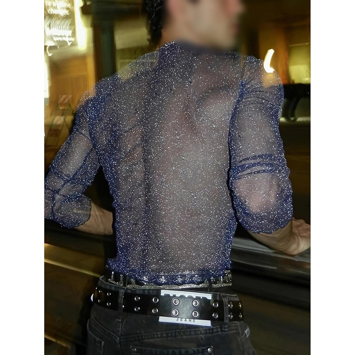 Футболка з довгим рукавом з блискітками для чоловіків, мереживна, прозора сітка, XL, фіолетовий