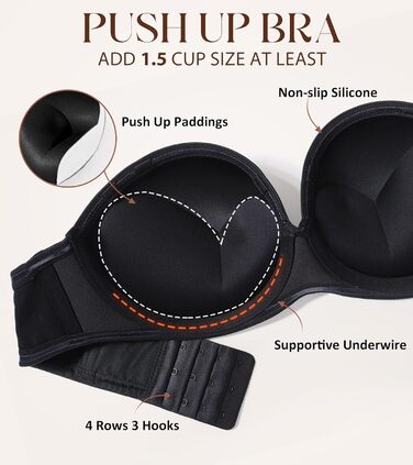 Леморосі: Безшовний бюстгальтер пуш-ап великих розмірів з підтримкою, з кісточками, мультивей, знімні бретелі (75B, чорний)