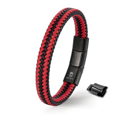 Чоловічий шкіряний браслет UNIQAL 'BRAID' з плетення та нержавіючої сталі, червоно-білий, 21 см, у подарунковій коробці